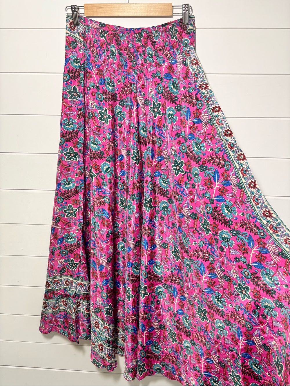 Rhea Boho Floral Print Silk Blend Pink Maxi Smoked Skirt Lightweight size S